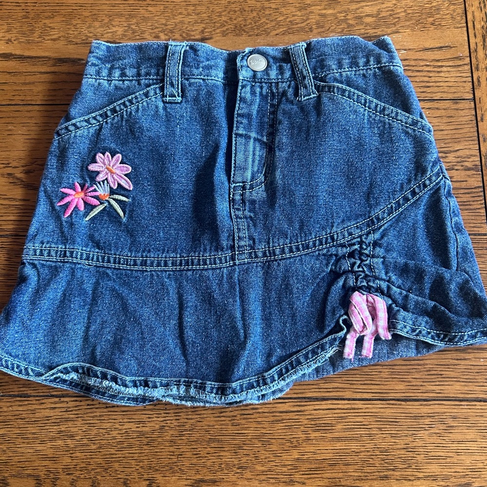 Barbie Girls Dark Blue Denim Skirt with Pink Flower Embroidery